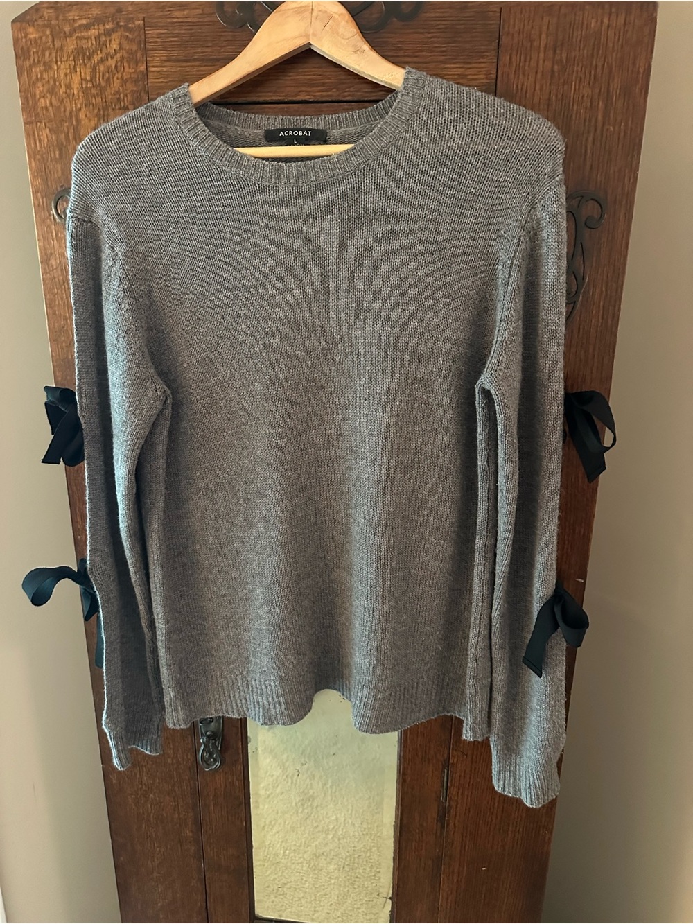 Acrobat Gray Crewneck Sweater with Open Sleeves and Ribbon Bow Detail Size L
